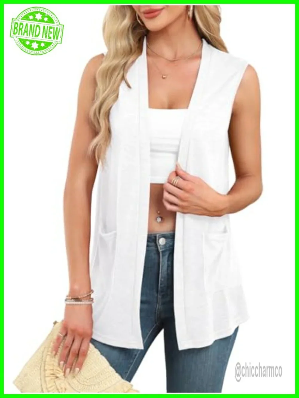Lightweight Knit Sleeveless Cardigan Vest with Pockets Curved Hem Open Front